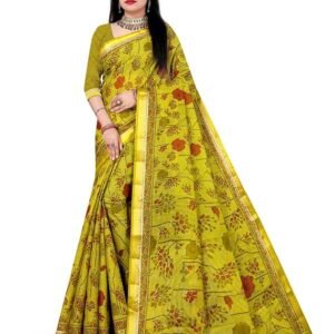 Pure Cotton Sadhi with Blouse Piece, Mehendi Colour, Floral Print Sadhi, Resham Border Sadhi
